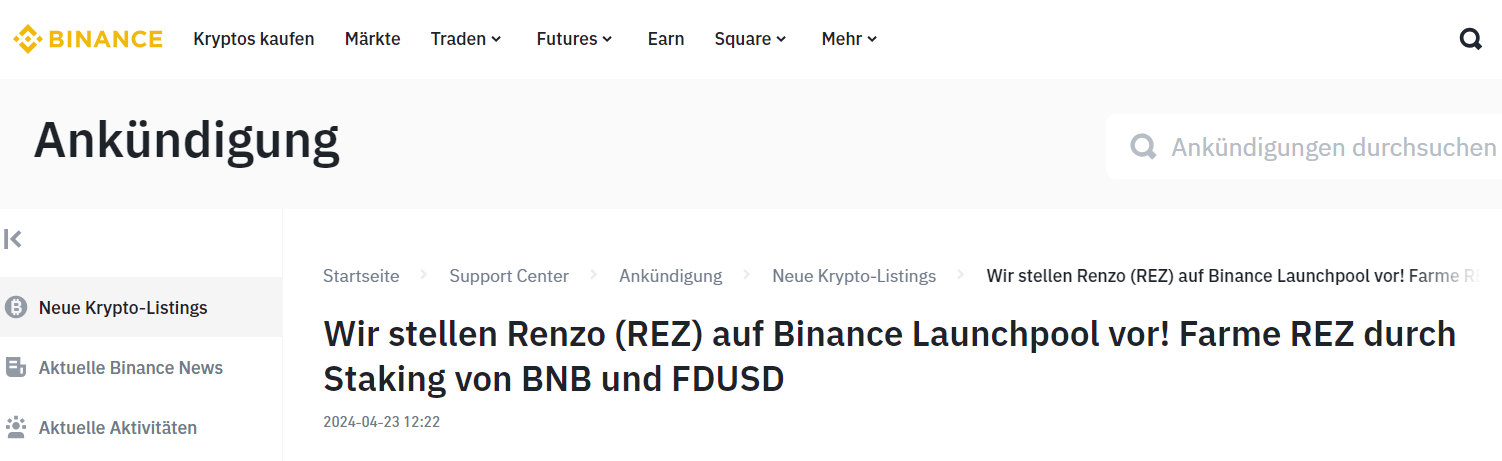 Binance Ankündigung Renzo