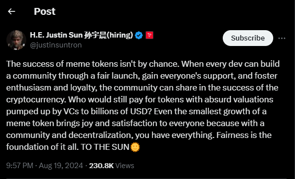 Justin Sun Tweet Sun Pump Memecoins 2